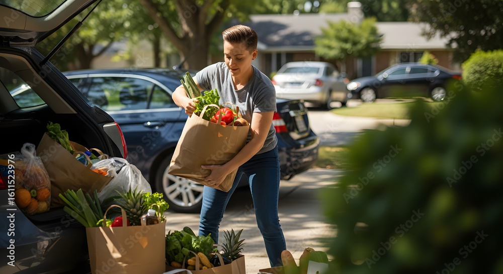 © Inkworksprint - A woman unloads heavy paper bags full of fresh groceries from her car in a suburban driveway. © Inkworksprint - A woman unloads heavy paper bags full of fresh groceries from her car in a suburban driveway.
