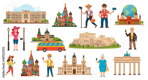 World travel icons: landmarks, tourists, and transportation.