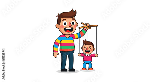A cheerful father playfully manipulates a marionette son, sharing a joyful moment of imaginative play.