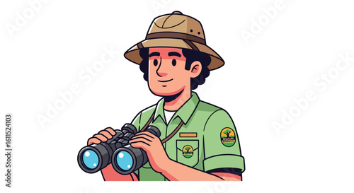 Cartoon illustration of a man wearing a safari hat and uniform, holding binoculars and smiling.