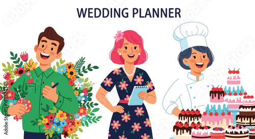 Happy wedding professionals: florist, planner, and baker prepare for a joyous celebration.