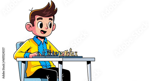 A cheerful boy plays a game of chess, strategically moving pieces on the board.