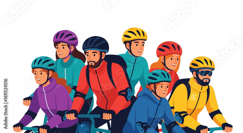 Group of diverse people wearing helmets and cycling jackets, riding bicycles together.