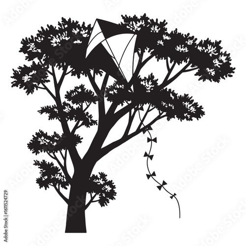 Silhouette of a tree with a kite highlighting nature and childhood moments
