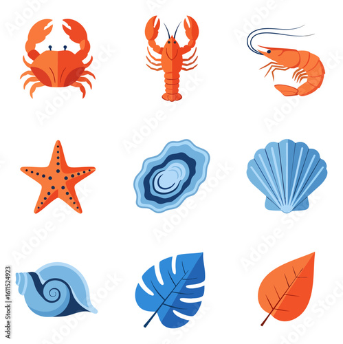 Colorful flat design seafood and marine life icons with tropical leaves
