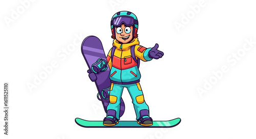 A cheerful cartoon snowboarder, ready to ride, welcomes viewers with a friendly gesture.