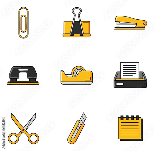 Creative Office Stationery Supplies Business Accessories Icon Set