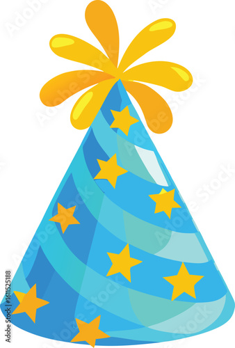 Blue party hat with yellow stars and orange pompom vector