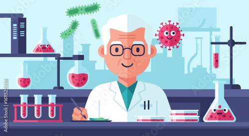 A smiling scientist in a lab coat works with test tubes and beakers, studying viruses.