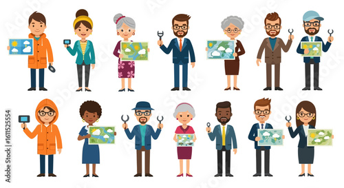 Diverse people holding weather maps, representing various ages and professions, showcasing different weather forecasts.