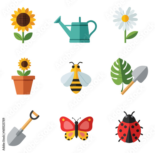 Flat design gardening nature and insect icons vector set