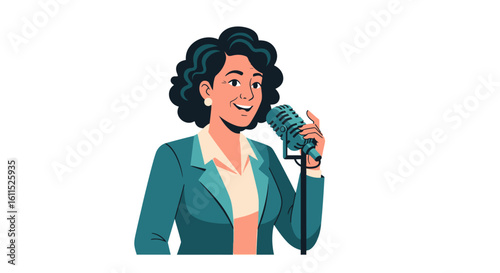 Smiling businesswoman in a teal suit sings into a vintage microphone.