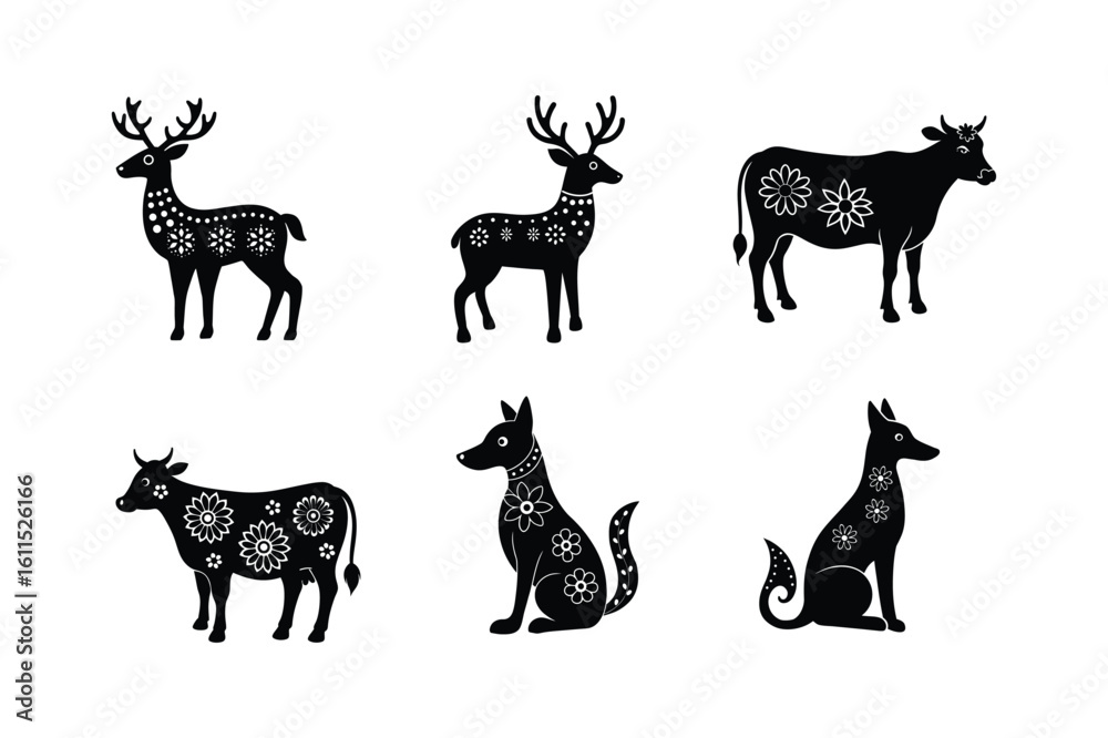 Obraz premium Minimal animal folk designs with cultural art elements Silhouette Vector illustration