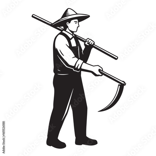 Vector illustration of a farmer carrying a scythe and ready for agricultural work