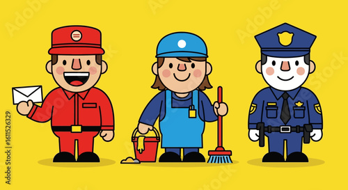 Cartoon illustrations of a gas station attendant, a cleaner, and a police officer, all in simple, stylized designs.