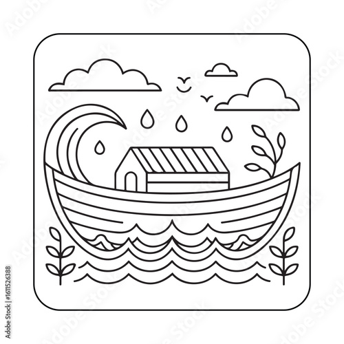 Inspirational Noah’s Ark Line Art for Kids Coloring Book – Detailed Rainy Nature Scene with Birds, Clouds, Graphic Design, Illustration