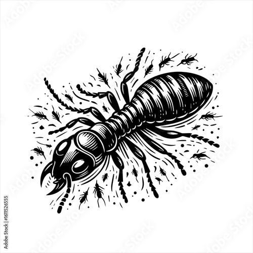 Detailed black and white illustration of a large ant surrounded by smaller ants