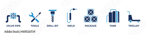 Industrial Toolkit Icons set vector illustration blue  with Valve pipe, Tools, Drill bit, Weld, Package, Tank, Trolley