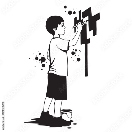 Young artist painting abstract geometric graffiti on a white wall with paint splatters