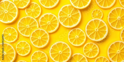 Vibrant seamless pattern of juicy lemon slices on yellow background,  vitamin c,   juicy
