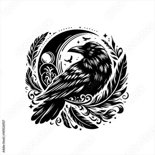 Black raven perched against a crescent moon with ornate feathers and celestial elements