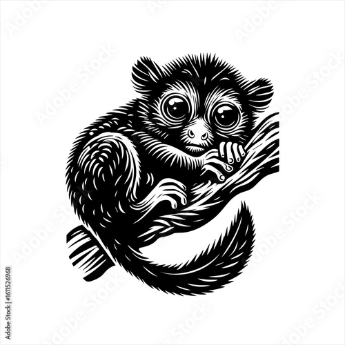 Black and white illustration of a tarsier clinging to a branch
