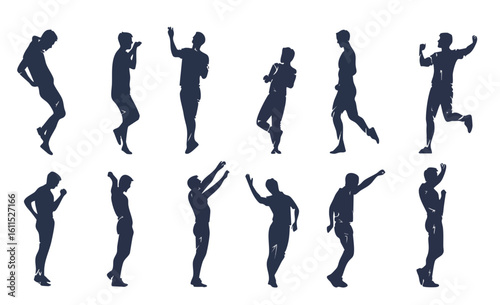 Silhouettes of Dynamic Human Figures Expressing Various Movements and Energetic Poses on a White Background
