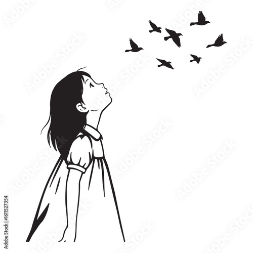 Young girl gazing upwards at flying birds vector illustration on a plain white background