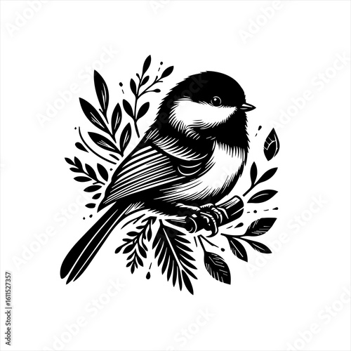 Black and white illustration of a chickadee perched on a branch with leaves