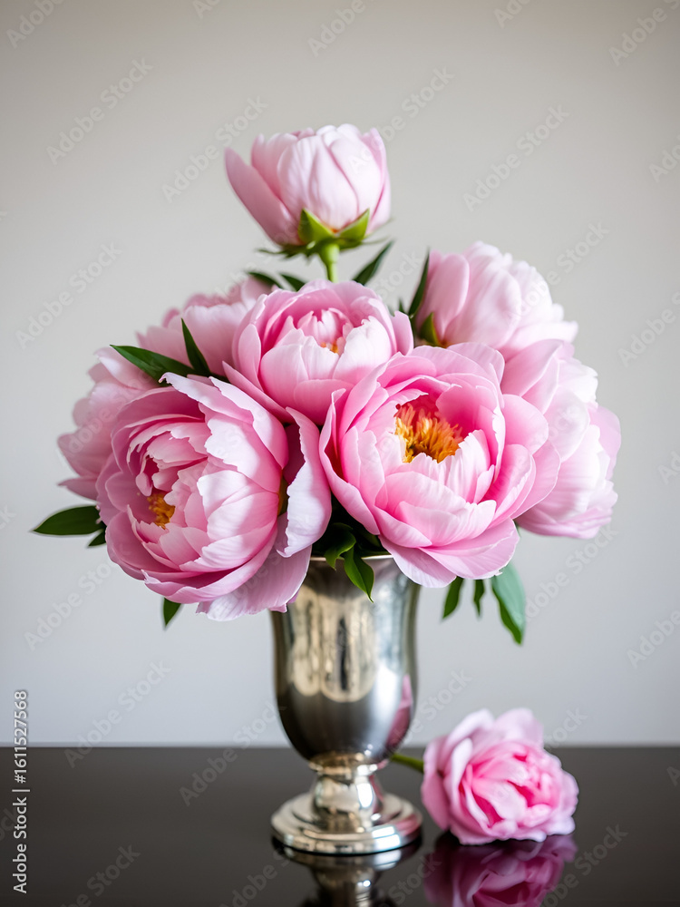 Fototapeta premium peonies in a silver vase, Still life, peonies, silver vase, pink flowers, spring flowers, luxury, elegance, romantic, floral arrangement, home decor, interior design, close-up, macro photography, bota