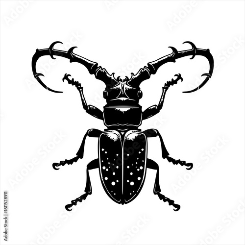 Stylized black and white illustration of a stag beetle