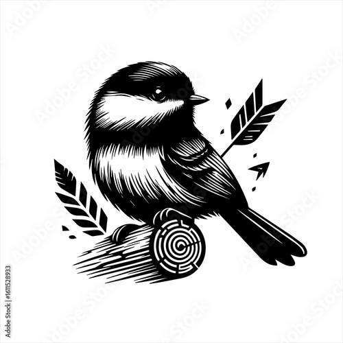 Black and white illustration of a chickadee bird perched on a log with arrows