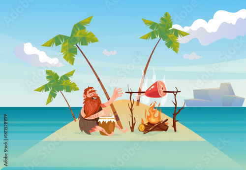 Cave people village prehistoric primitive tribe village concept. Vector graphic design element illustration	