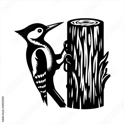 Woodpecker clinging to a tree trunk in black and white silhouette
