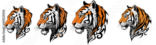 Four Stylized Tiger Heads in Profile with Orange Black and White Colors animal