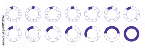 Circles divided diagrams 1, 2, 3, 10, 7, 8, 9, 10, 11, 12, 13, 14 equal parts. Pie, pizza graph shape section charts. Coaching blank simple icon template. Lilac segments wheel round divide infographic