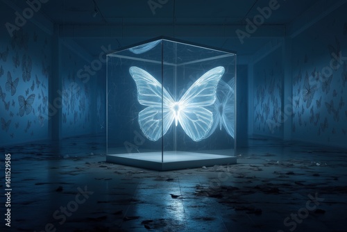 Glowing butterfly sealed in glass cube, shadows of others haunt dark walls