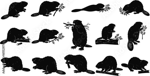 Beaver Silhouette Vector Set – Wildlife Clipart Collection on White Background
