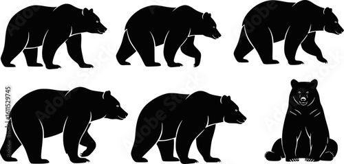 Bear Silhouette Vector Set with Various Poses – Standing, Walking, Sitting for Wildlife and Nature Designs on White Background
