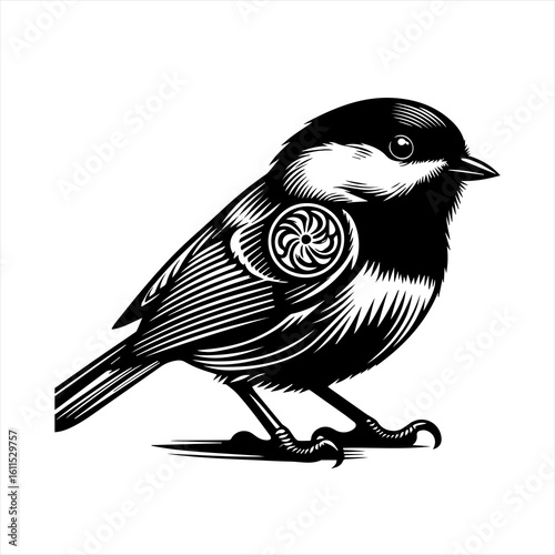 Black and white illustration of a chickadee with a mechanical design