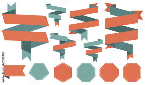 Collection of vintage style ribbons and labels with teal and orange colors on white background
