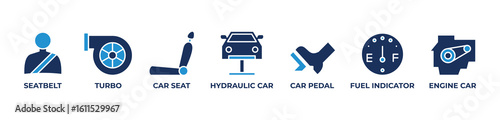 Enhanced driving system icons set vector ilustration blue  blue with seatbelt, turbo, car seat, hydraulic car, car pedal, fuel indicator, engine car