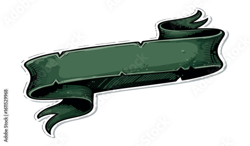 Vintage green scroll banner with torn edges and swirling tails isolated on white background for text