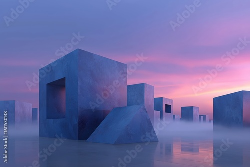 Geometric pastel clouds float in soft fog with velvet texture and dreamy light