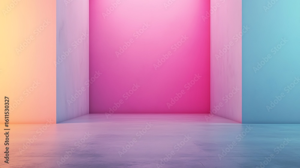 A minimalistic empty room with smooth concrete floor and walls lit by gradient lighting in pastel hues of pink, orange, and turquoise. A minimalistic empty room with smooth concrete floor and walls lit by gradient lighting in pastel hues of pink, orange, and turquoise.