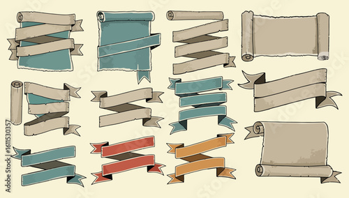 Collection of vintage and retro style banners and ribbons with a distressed textured paper look on a light background