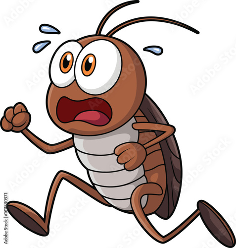 Scared cartoon cockroach running with wide eyes, sweat droplets, humorous insect illustration, vector design, animated bug character, funny pest 