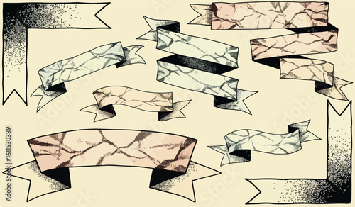 Collection of vintage hand drawn banners ribbons and corner elements with textured paper and distressed ink for decorative design