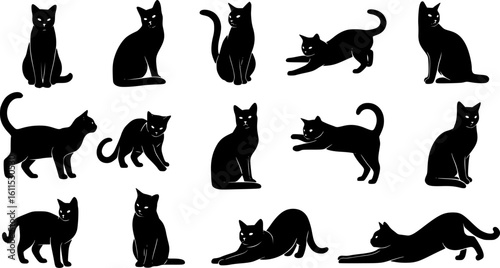 Cat Silhouettes Set - Black Cat Vector Icons on White Background
