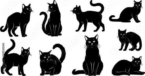 Cat Silhouettes Set - Black Cat Vector Icons on White Background
